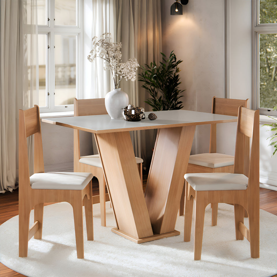 Conjunto Mesa de Jantar 4 Cadeiras Vivi Mesa Retangular 110x75 4 Lugares Mel Off White MDF/MDP