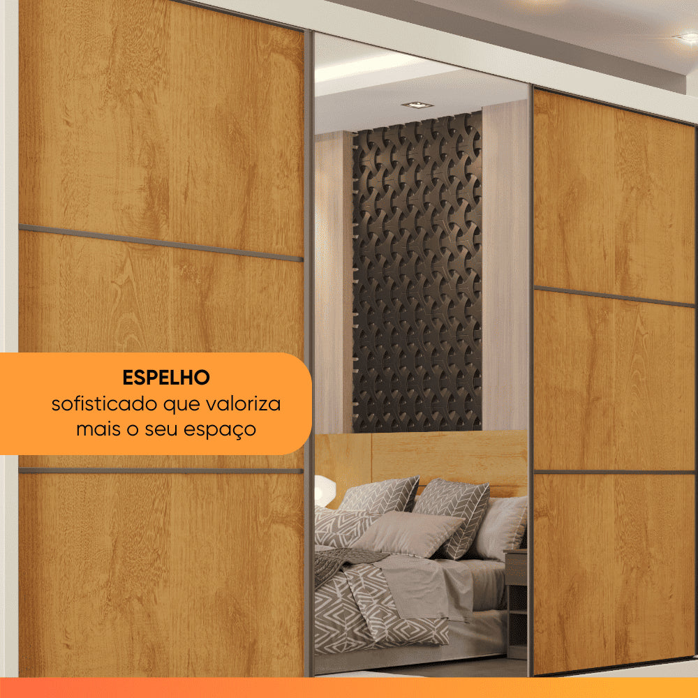 Guarda Roupas Casal 3 Portas Com Espelho 100% Mdf 6 Gavetas Off White/madeirado