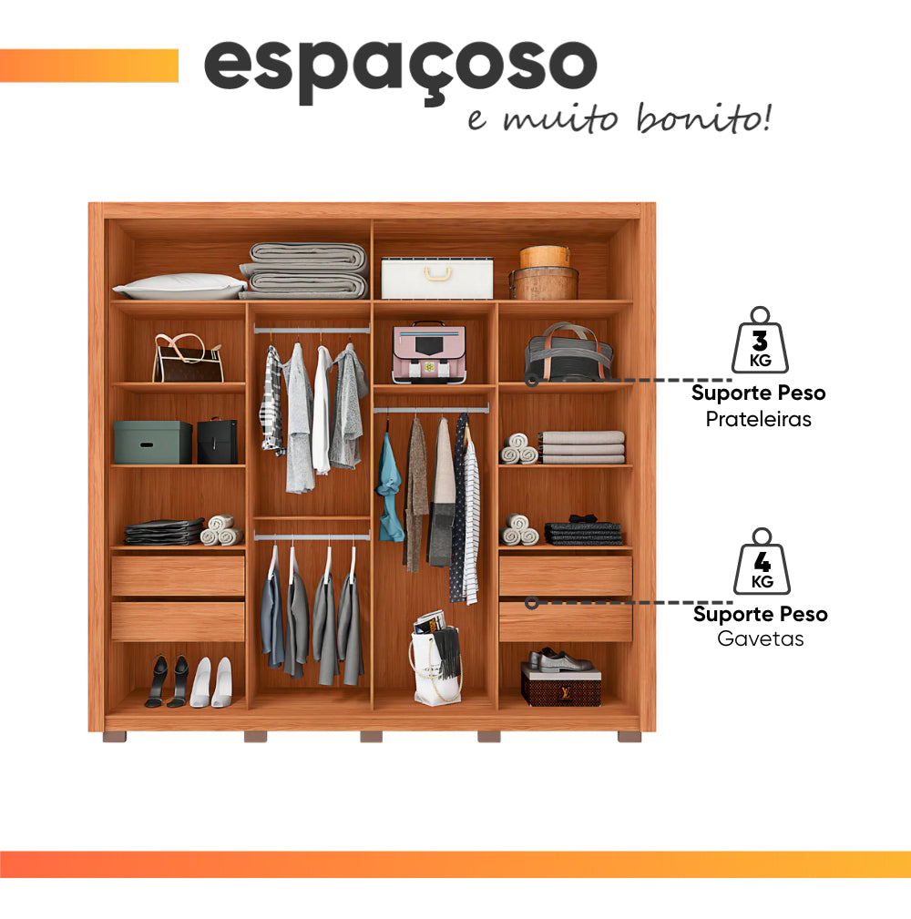Guarda Roupas Casal C/ Ripado E Espelho 2 Portas 4 Gavetas Cor Freijó/off