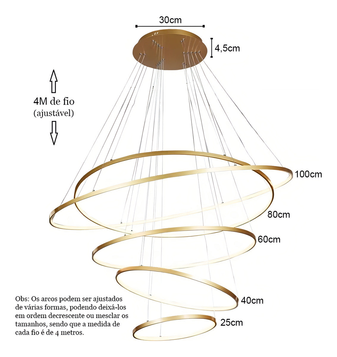 Lustre Pendente Moderno 5 Anéis Dourado Pe Direito Duplo Luz 3/1 - Green Age