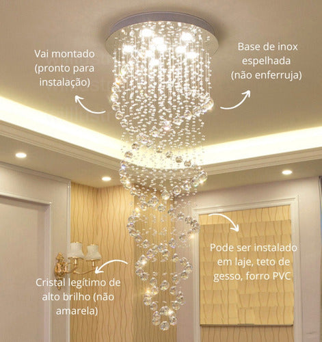 Lustre De Cristal Verdadeiro Espiral Duplo Pé Direito Alto